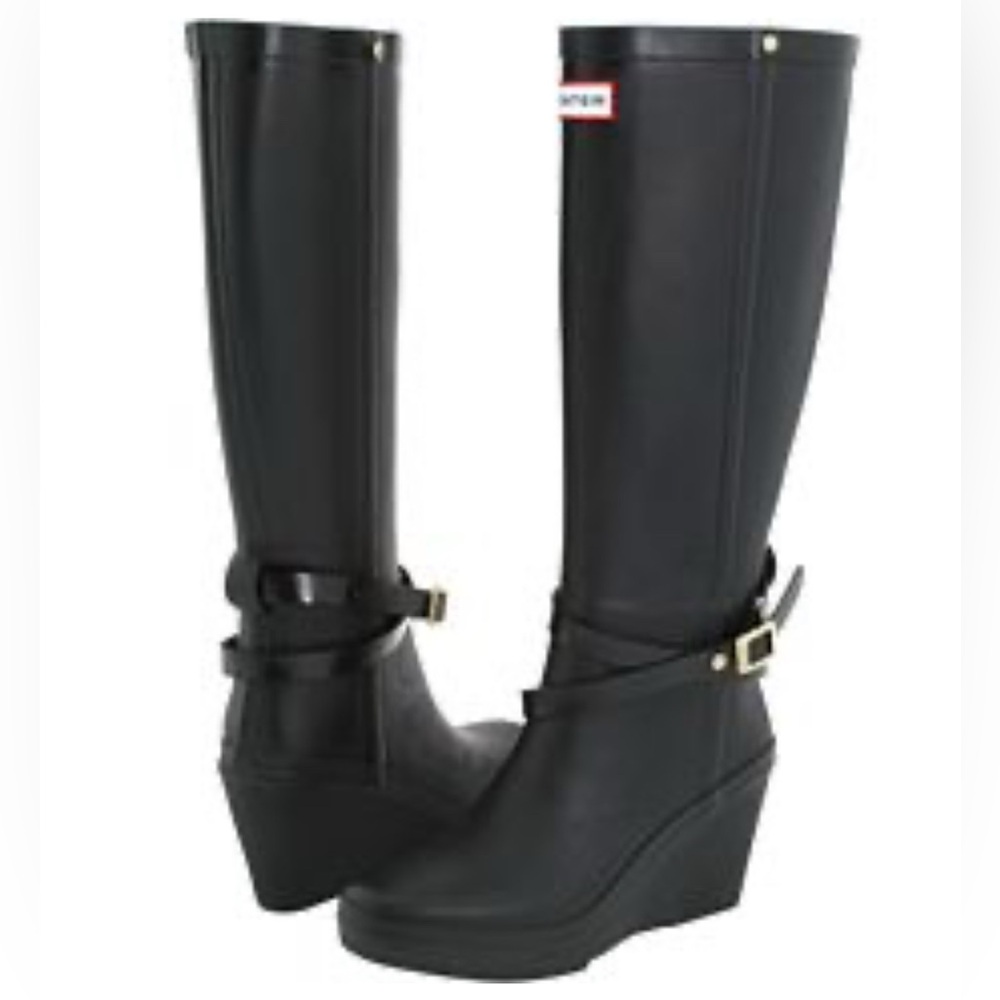 🌟HUNTER Andora Rubber Waterproof Wedge-Soled Boots, Sz 10, EU 42 w/Buckles!